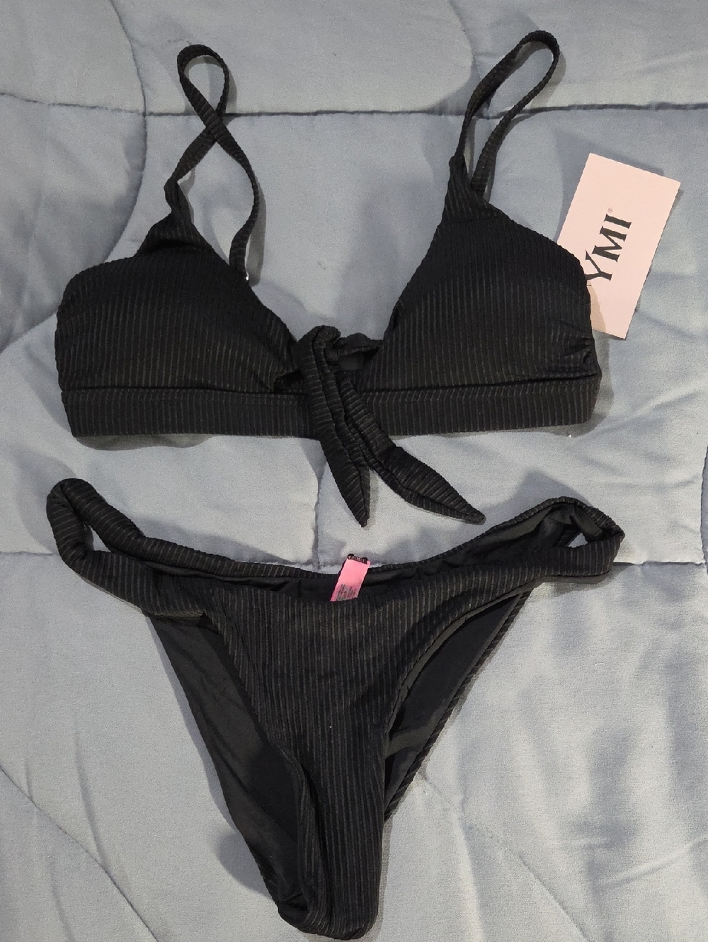 YMI Black Ribbed Sexy Tie-Front Bralette Bikini Set Med
